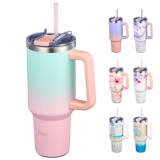 40 Oz Vacuum Insulated Tumbler with Handle - Stainless Steel Coffee Travel Mug with Lid and Straws, Keep Drinks Cold 34 Hours or Hot 12 Hours, for Cold Drinking, Tea, Iced Water, Candy Pink