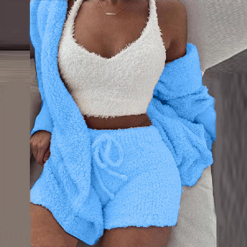 Winter Plush Loungewear Casual Three-Piece Pajama Set