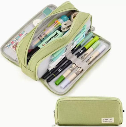 Large Capacity Pencil Case 3 Compartment Pouch Pen Bag for School Teen Girl Boy Men Women (Green)